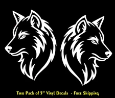 Wolf Head Two Pack of 5" White Vinyl Decals Mirrored Car Truck Windows Laptop