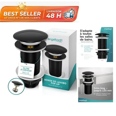 Bonde de lavabo Extra Longue Engelbach - Bouchon clic-clac Noir Mat - Photo 1/4