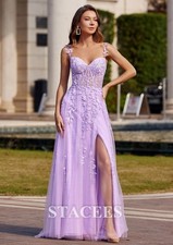 Stacees Lilac Aline V Neck Sweep Train Tulle Prom Dress Appliqued Beading S 0