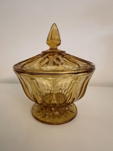 Vintage 60's Mid Century Glass Anchor Hocking Amber Candy Dish Pedestal with Lid