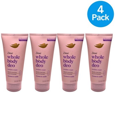 Dove Whole Body Deo Invisible Cream Coconut & Vanilla 2.5 oz 4 Pack New
