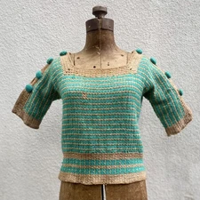 Vintage Antique 1930s Turquoise & Brown Stripe Wool Crochet Sweater Top Size S/M