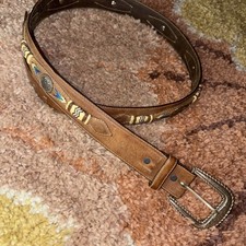 Vintage 1995 JUSTIN buckle belt CONCHO cowhide leather 40 brown WESTERN indian