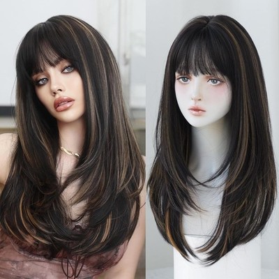 Long Straight Heat Resistant Hair Black Brown Cosplay Wig With Fringe