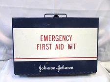 Vintage Johnson & Johnson Metal Emergency First Aid Kit USA Wall Mount Blue Box