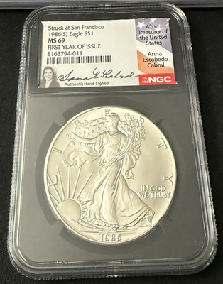 #ad 1986 S Struck at San Francisco Silver Eagle NGC MS69 Anna Cabral $495.00