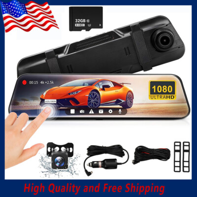 Night Vision 4K 10'' Dual Dash Cam Car Mirror View Rear Backup Dual Camera
