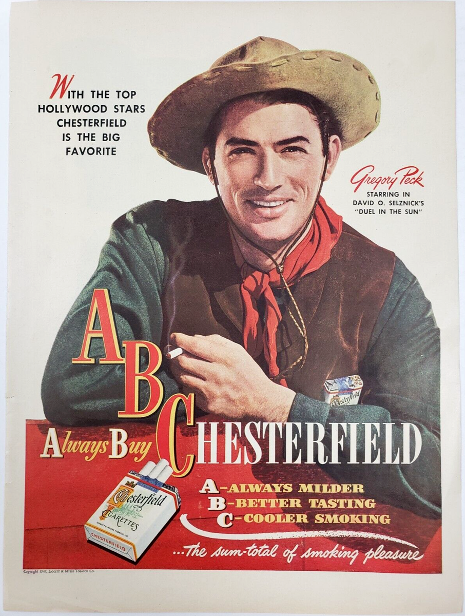 Gregory Peck Smoking Chesterfield 1947 Vintage Ad Celebrity Actor Hollywood