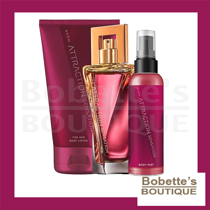 Eau de Parfum Attraction Sensation Avon avec Spray Corporel et Lait Hydratant Gamme Beauté