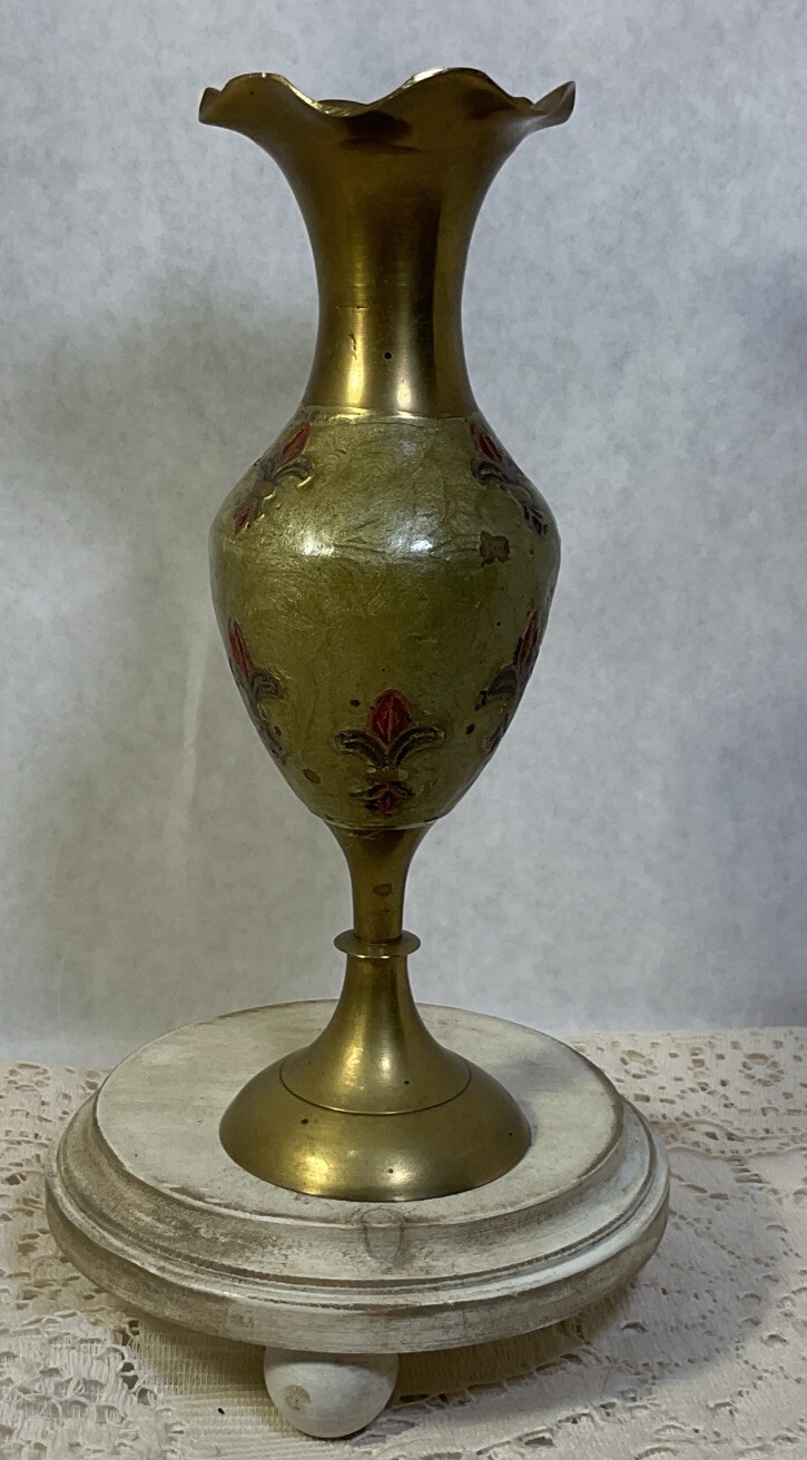 Vintage Brass Green Enamel Fleur De Lis Bud/Flower Vase- 7 3/4”H