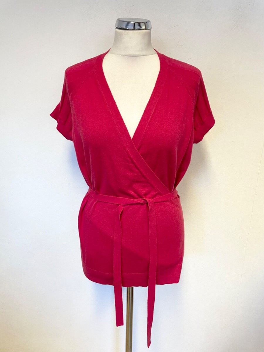 JIGSAW RASPBERRY PINK COTTON CASHMERE SHORT SLEEVED WRAP OVER JUMPER SIZE  L