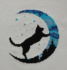 Cat, Moon, Stars Completed Cross Stitch - Finished, Unframed