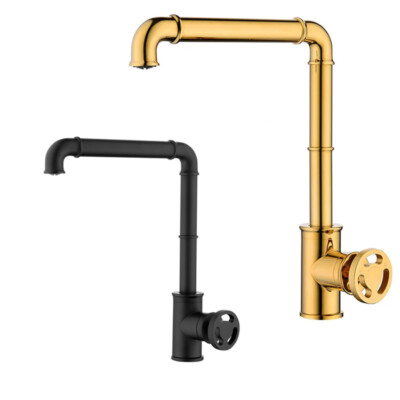 Deck Mounted Kitchen Faucet Single Hole Sink Mixer Brass Black/Polished Gold Tap