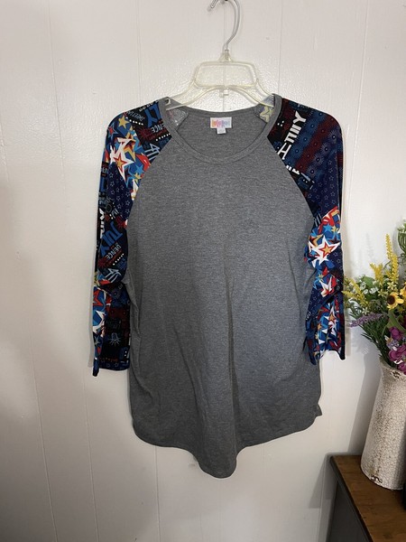 LuLaRoe Gray Patriotic Raglan Top XL Stars Stripes Americana Soft Tee Randy