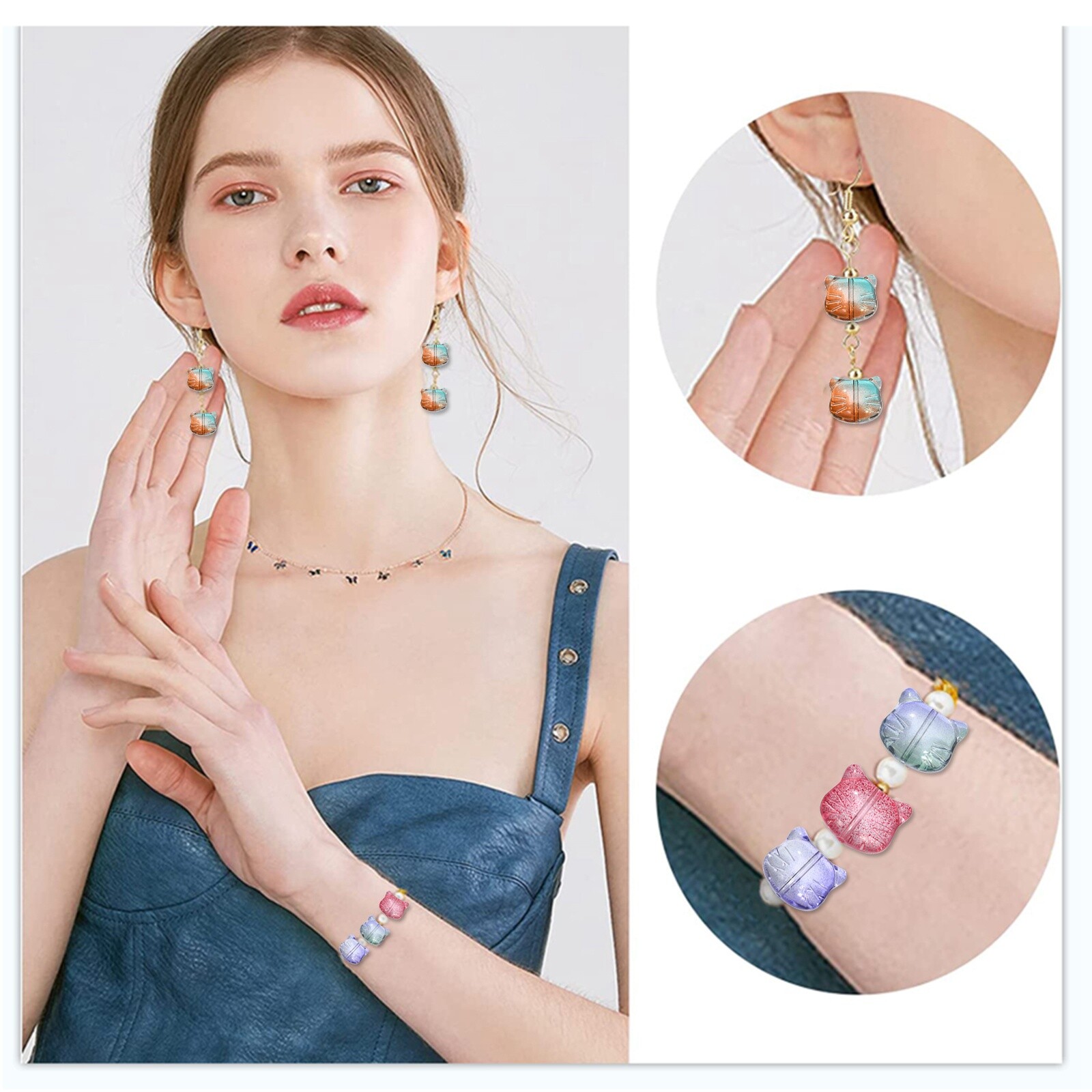 100x Transparent Kitten Head Spacer Bead Glass Cat Beads for Jewelry