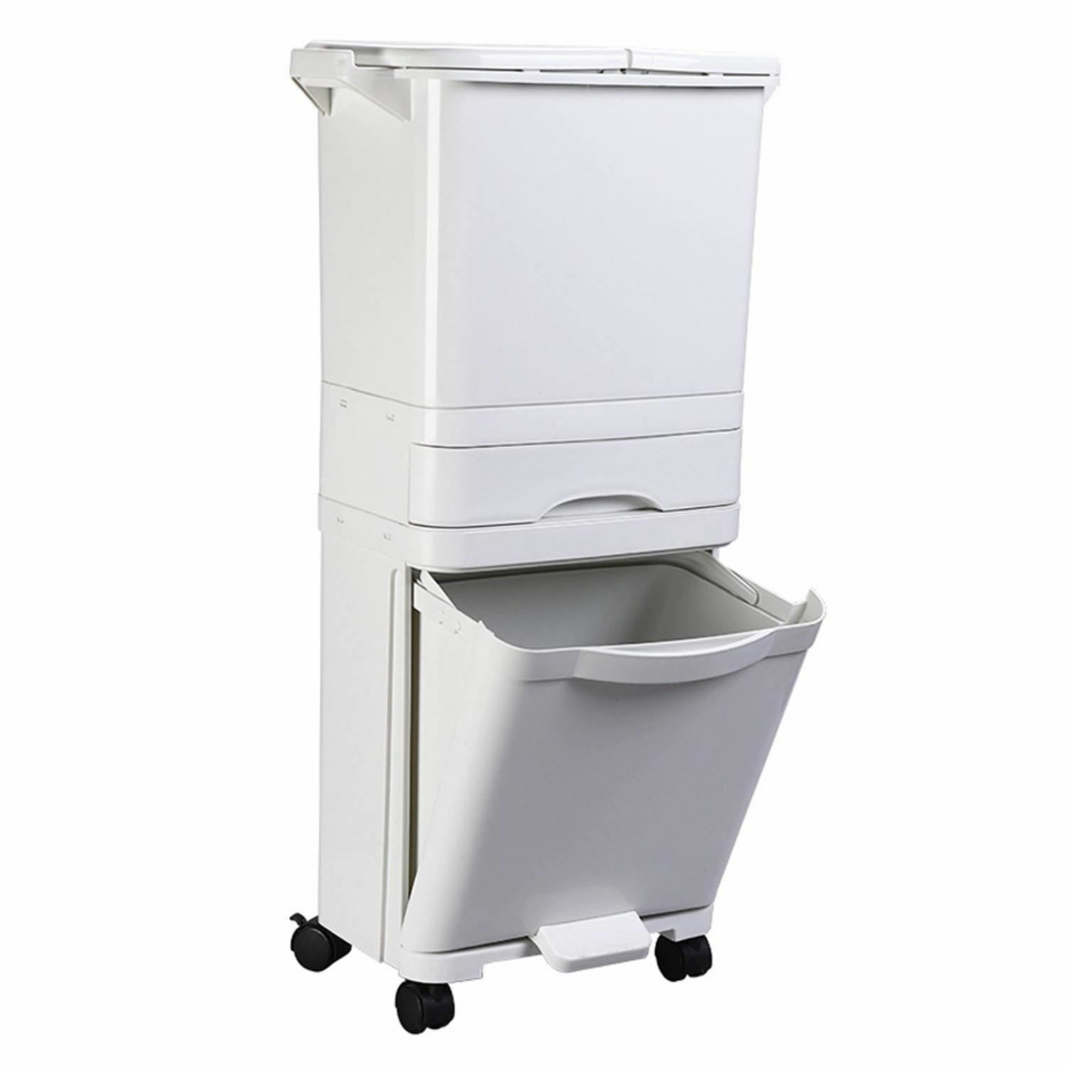 White Kitchen 42L Large Plastic Trash Waste Recycling Pedal Bin Organiser Sorter
