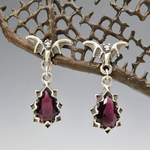 Sterling Silver Bat Top Dark Red Purple Crystal Spike Teardrop Earrings Gothic