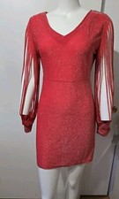 New No Brand Tag Sparkly Red Size M Dress Polyester Cotton Long Slashed Sleeves