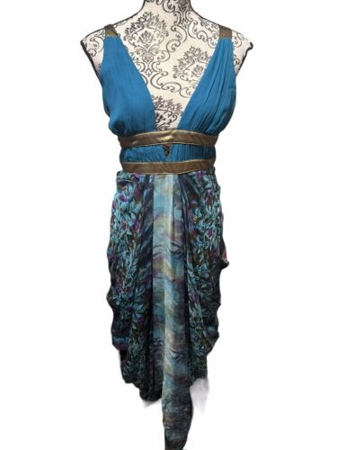 BEBE Women’s Medium 100% Silk Teal Floral Rouche Tiered Midi Drape Grecian Dress - Afbeelding 1 van 11