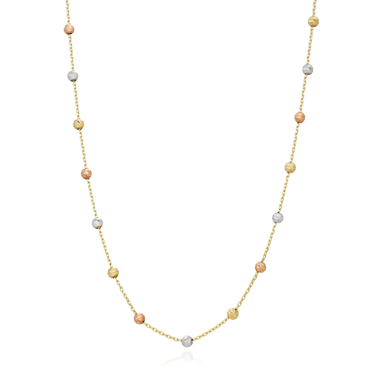 14K Gold Tri Color Moon Cut Ball Beads Station Necklace 17.5