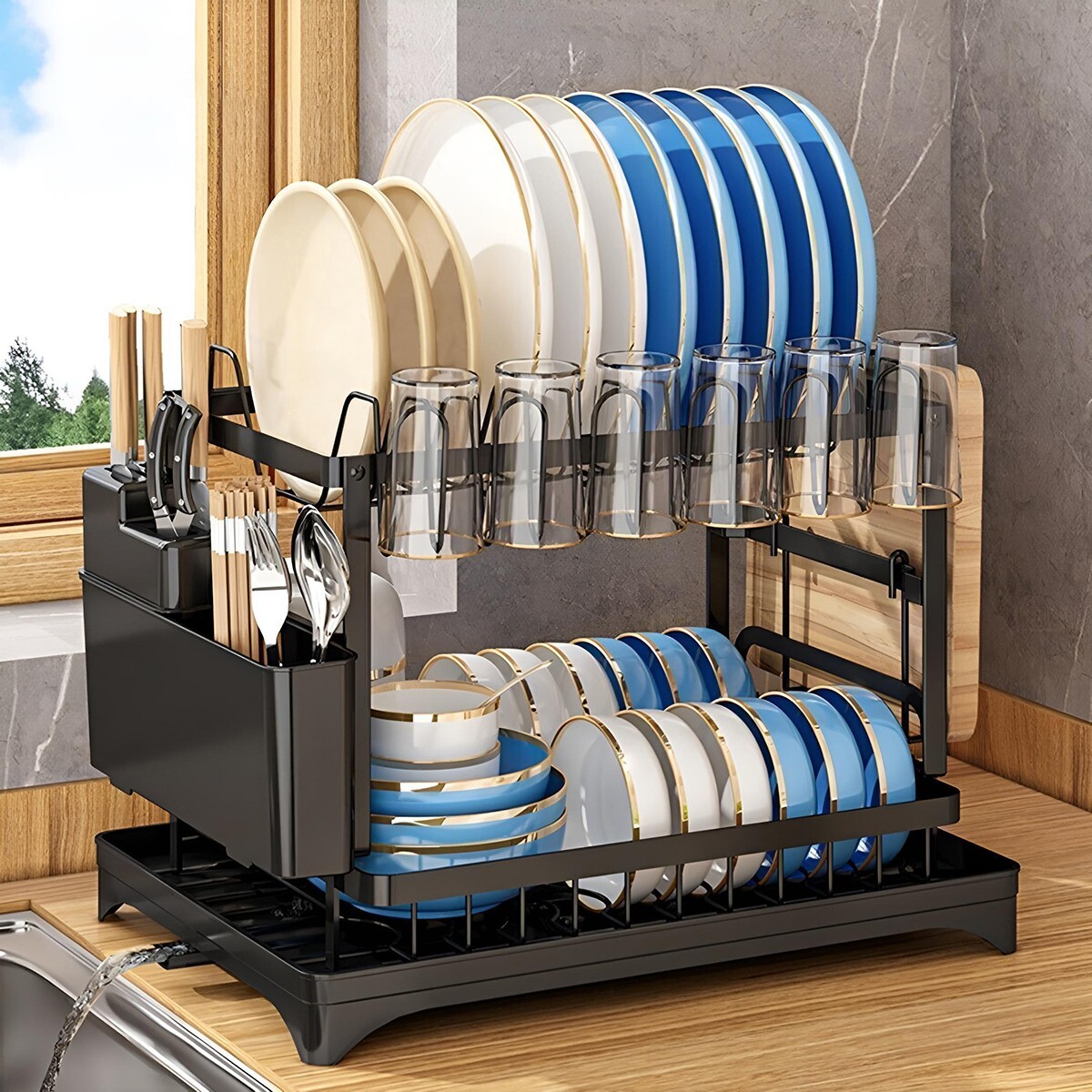 2-Tier Dish Rack Plate Cup Drying Drainer Storage Drip Tray