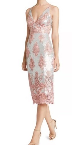 Dress the Population Sz S Dress Angela Midi Sequin Lace Deep V Neck Pink Silver - 第 1/12 張圖片