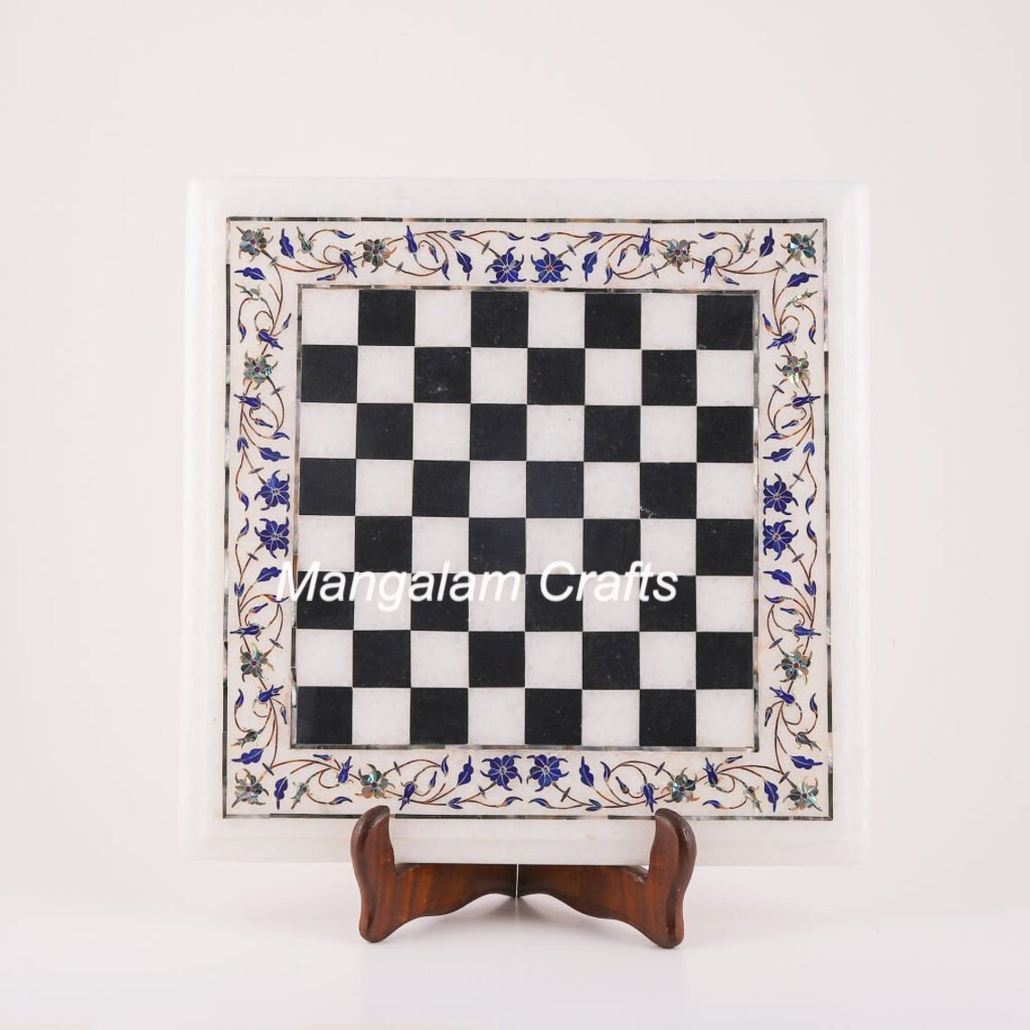 18-Inch Marble Chess Table with Floral Inlay & Semi-Precious Stones