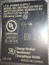 New I.T.E. Power Adapter 2.1mm MU18A2120150-A1 - Input 100-240V 50/60Hz 12v 1.5a
