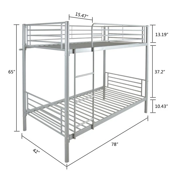 Twin Over Twin Bunk Beds Kids Teens Adult Dorm w/Ladder Iron Bed Frame Gray - Image 4 of 4