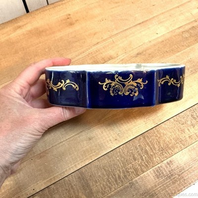 Antique Cobalt Blue Gold Scroll French Box Bottom Only Open Storage Porcelain