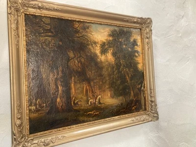 TABLEAU 19iem H/TOILE CHASSE A COURRE FORET BRETAGNE CERF BROCELIANDE -HUELGOAT- - Photo 1/4
