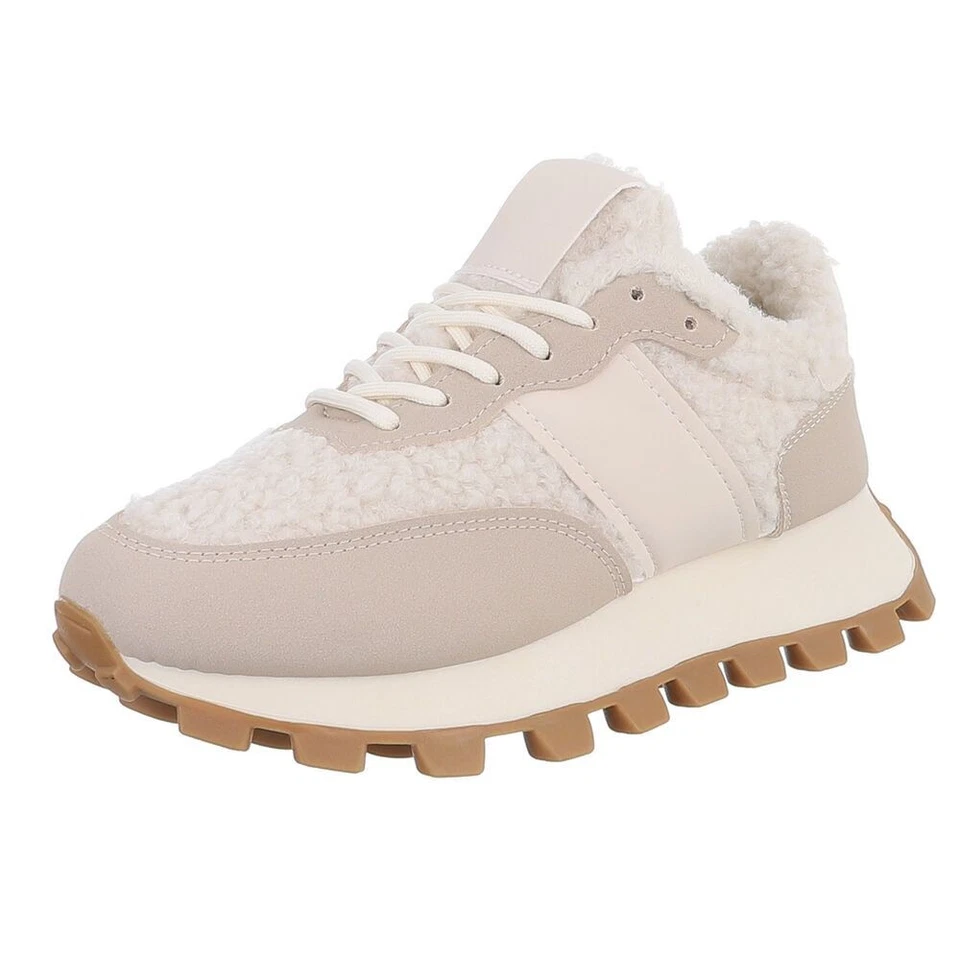 Damen Schnürschuhe mit Dekofell und Lochschnürung Ital-Design 9857 in Beige