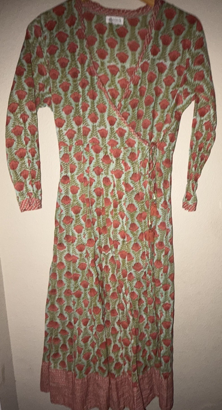 Lala Fashion Green Floral V-Neck Wrap Maxi Dress Long Sleeve Cotton L/XL  India
