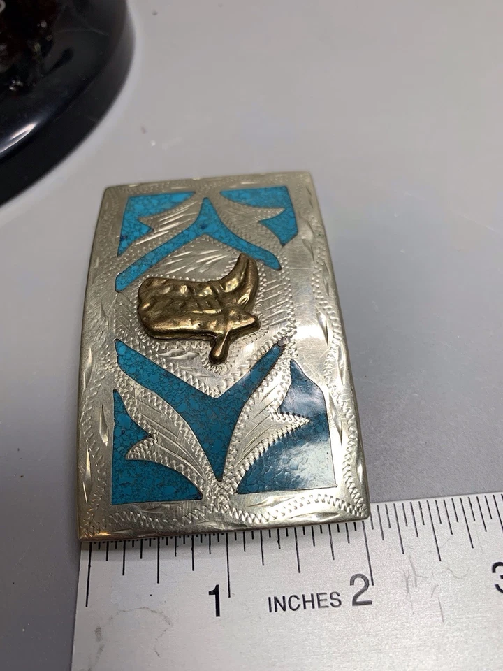 Vintage Alpaca Mexico Engraved Belt Buckle Turquoise Inlay Foto 2 de 4