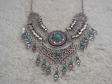 Silvertone Blue Bead Egyptian Revival Scoop Fringe Necklace (K3)