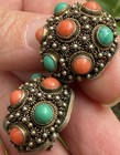 Chinese Antique Sterling Silver old filigree turquoise coral clip Earrings — photo 2
