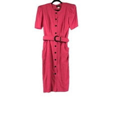 Vtg 80s/90s Pink Polka Dot Button Up Pocket Belt Dress Mid Century Glam Sz 9/10