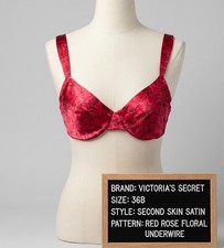 Vintage Victoria's Secret Second Skin Satin Bra 36B Red Rose Floral Underwire