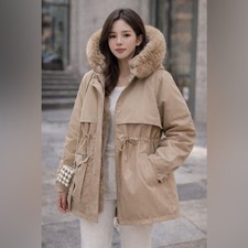 NWT Women  s Tan Faux Fur Hooded Parka Coat  Size Large  Warm Winter Jacket