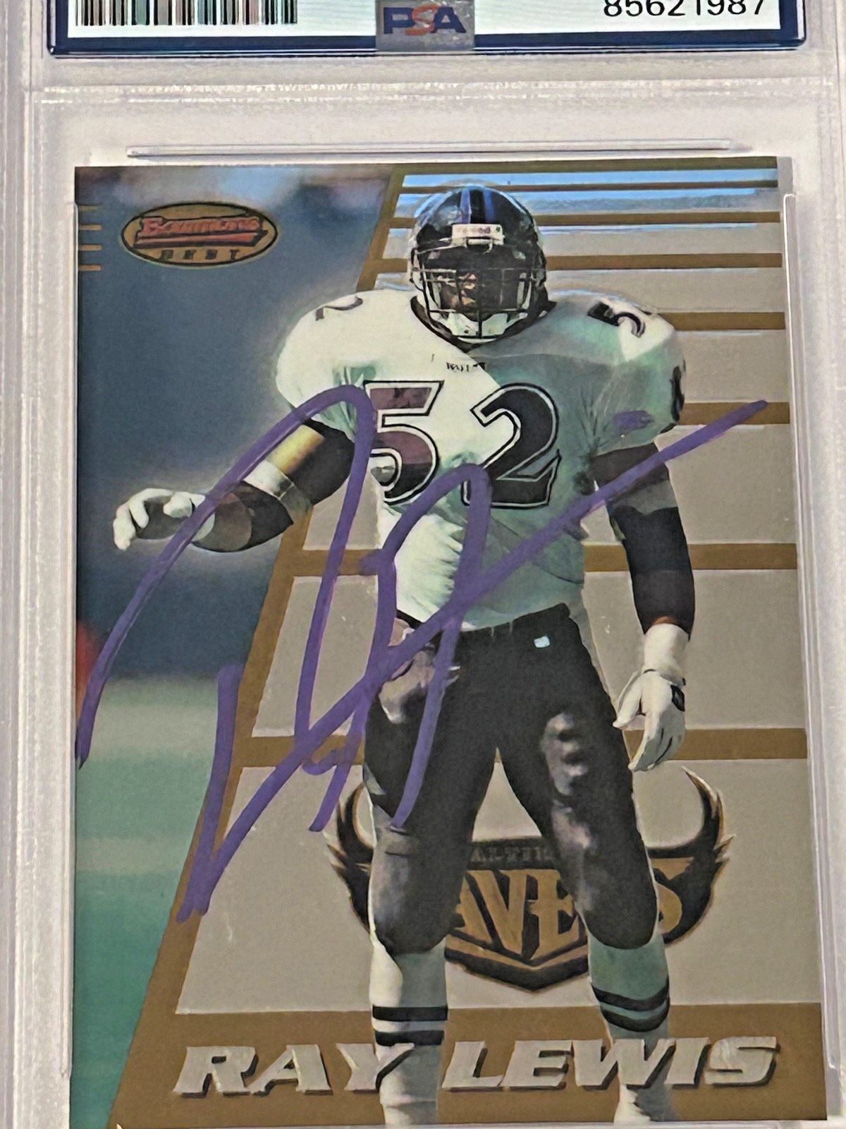 1996 Ray Lewis HOF Signed #164 Bowman's Best Rookie PSA/DNA Auto Ravens Purple view 4