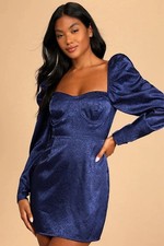 Lulus Burst Into Bloom Navy Blue Satin Floral Jacquard Mini Dress- size L- NWT