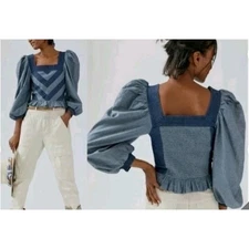 Love The Label NYC Anthropologie Chevron Chambray Peplum Blouse Ruffle Trim Lg
