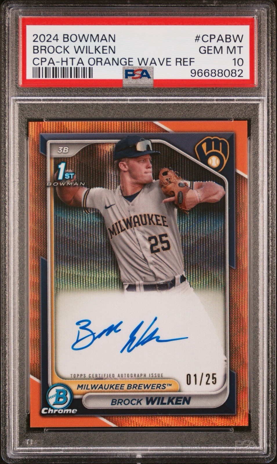 2024 Bowman Brock Wilken 1st Chrome Orange Wave Refractor AUTO /25 PSA 10