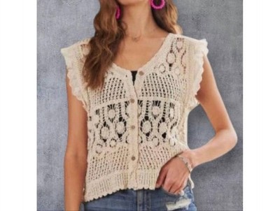 Pretty Bash Crochet Ruffle Sleeve Button-Down Vest Top Size One Size