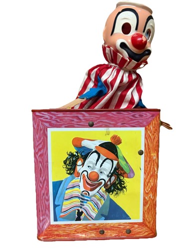 Mattel Vintage 1950 Clown Jack-in-the-Box Tin Toy Hinged Lid MPN 659