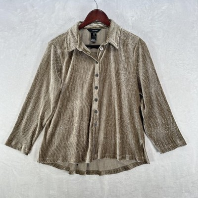 Ali Miles Shirt Womens PM Beige Crinkle Velvet Button Up Tunic Top Stretch