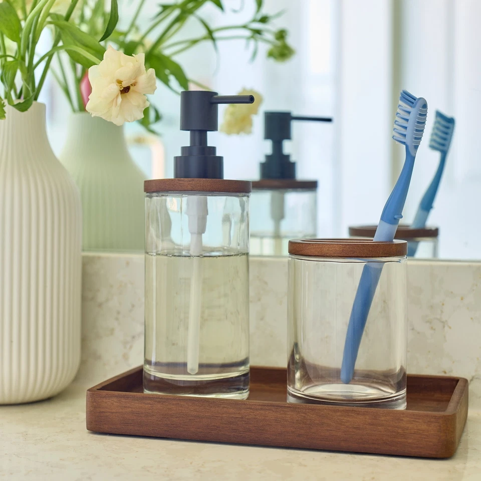 Bomba de jabón de vidrio acentuado de madera de acacia de mejor calidad de venta caliente Foto 2 de 4