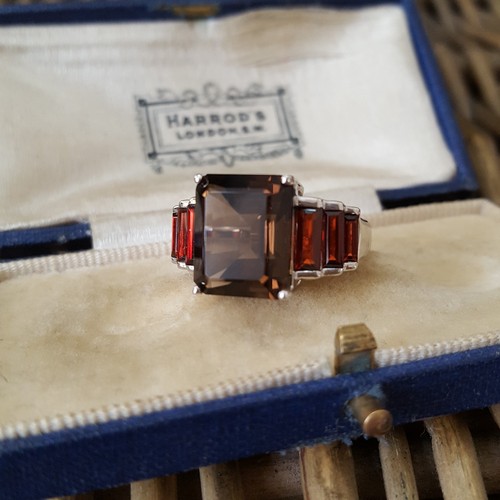 925 Sterling Silver Ring, Natural Smoky Quartz And Garnet Ring, Size N US 6.75 - Picture 3 of 10