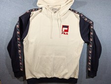 FILA Hoodie Mens Large White Navy Pullover Big Logo Back Tape Sleeve Embroidered