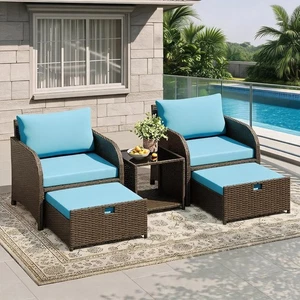5PCS PE Rattan Patio Sofa Set 2 Chairs 2 Ottomans Glass Table Outdoor Furniture